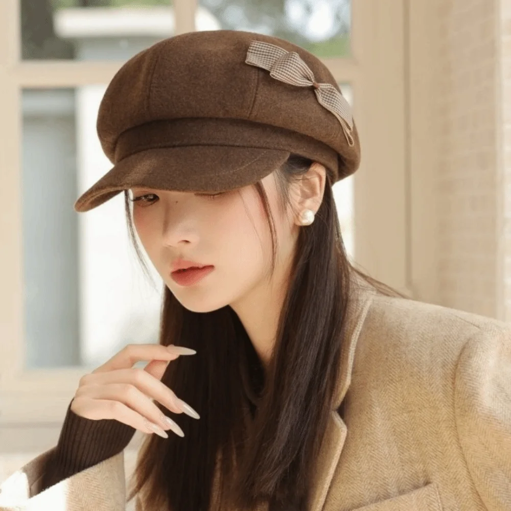 

Casual Wool Bow Beret Solid Color Warm Newsboy Hat Big Head Circumference Versatile Painter Hat Streetwear