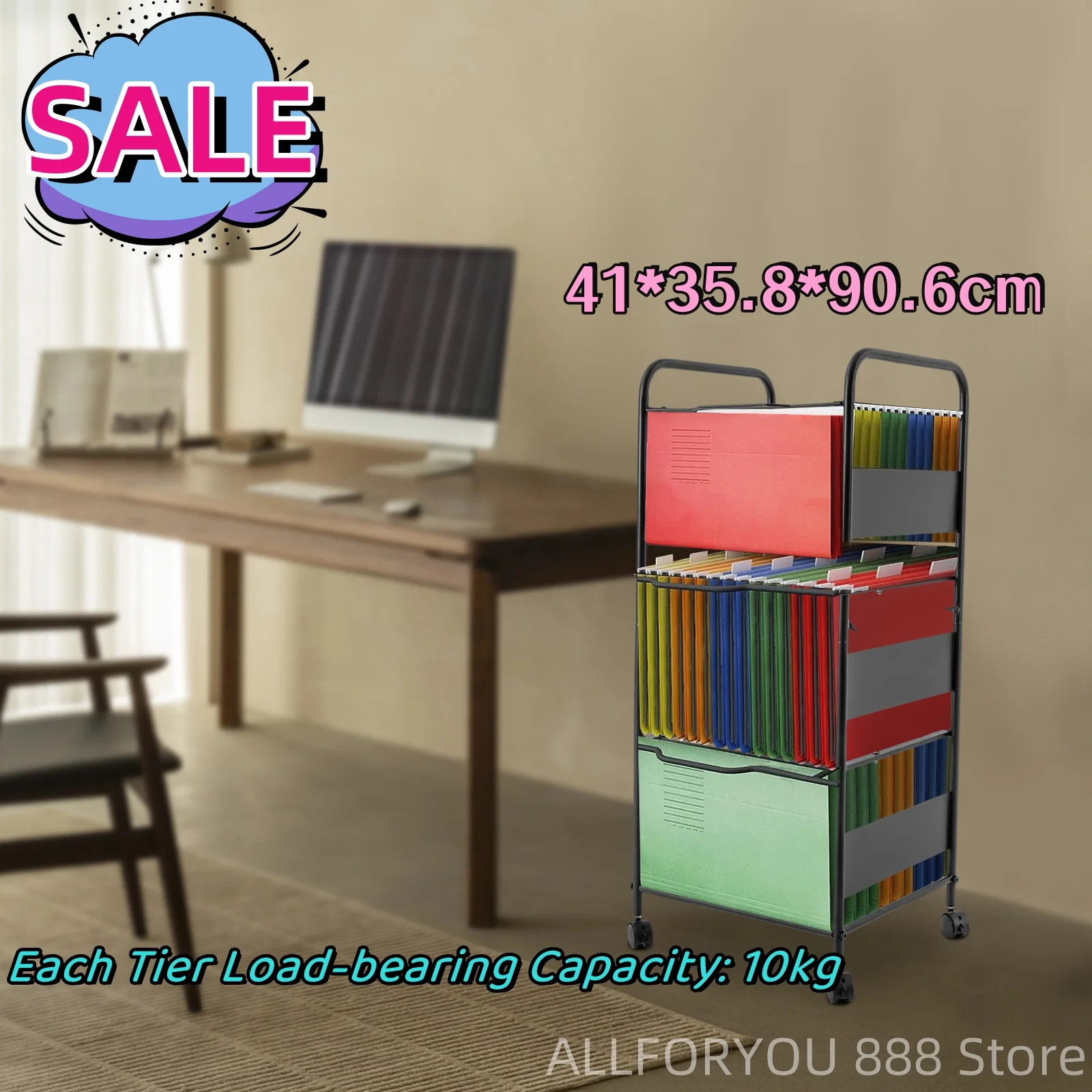 41*35.8*90.6cm Movable 3 Tier Homes Offices Rolling File Cart Each Tier Load-bearing Capacity 10kg