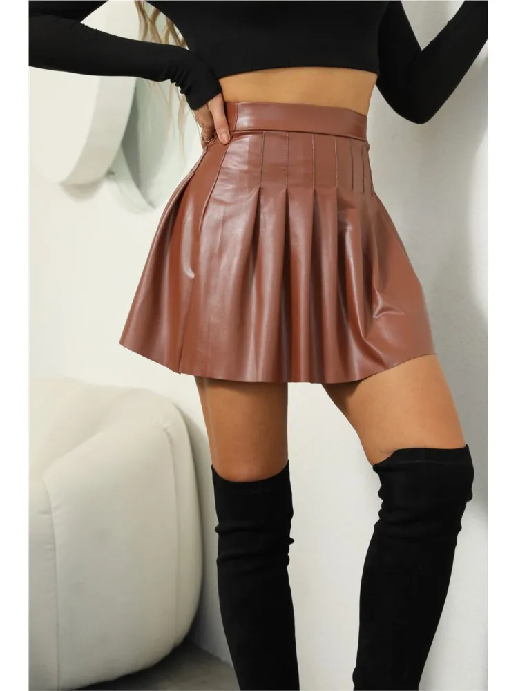 

Women High Waist A-line Pleated Flared Mini Skirt 2025 Summer Hot Style Girl Pu Solid Color Invisible Zip Chic Club Lady Outfits