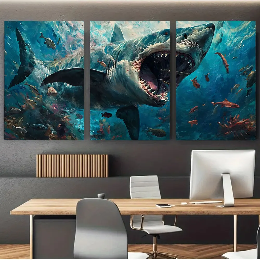 （NoFranme 3PCS）-3pcs Classic Shark Canvas Art Set, 16x24 Inch Unframed Modern HD Print Wall Decor for Living Room, Bedroom, S
