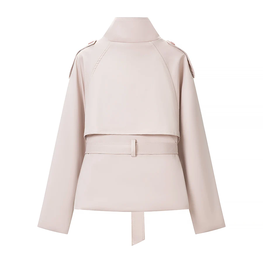 Lässige Rosa Doppelreihige Jacke für Damen, Schicker Stehkragen, Lange Ärmel, Taillengürtel, Frühjahrs-Mantel für Täglichen Arbeitsweg und Streetwear – Detail 3