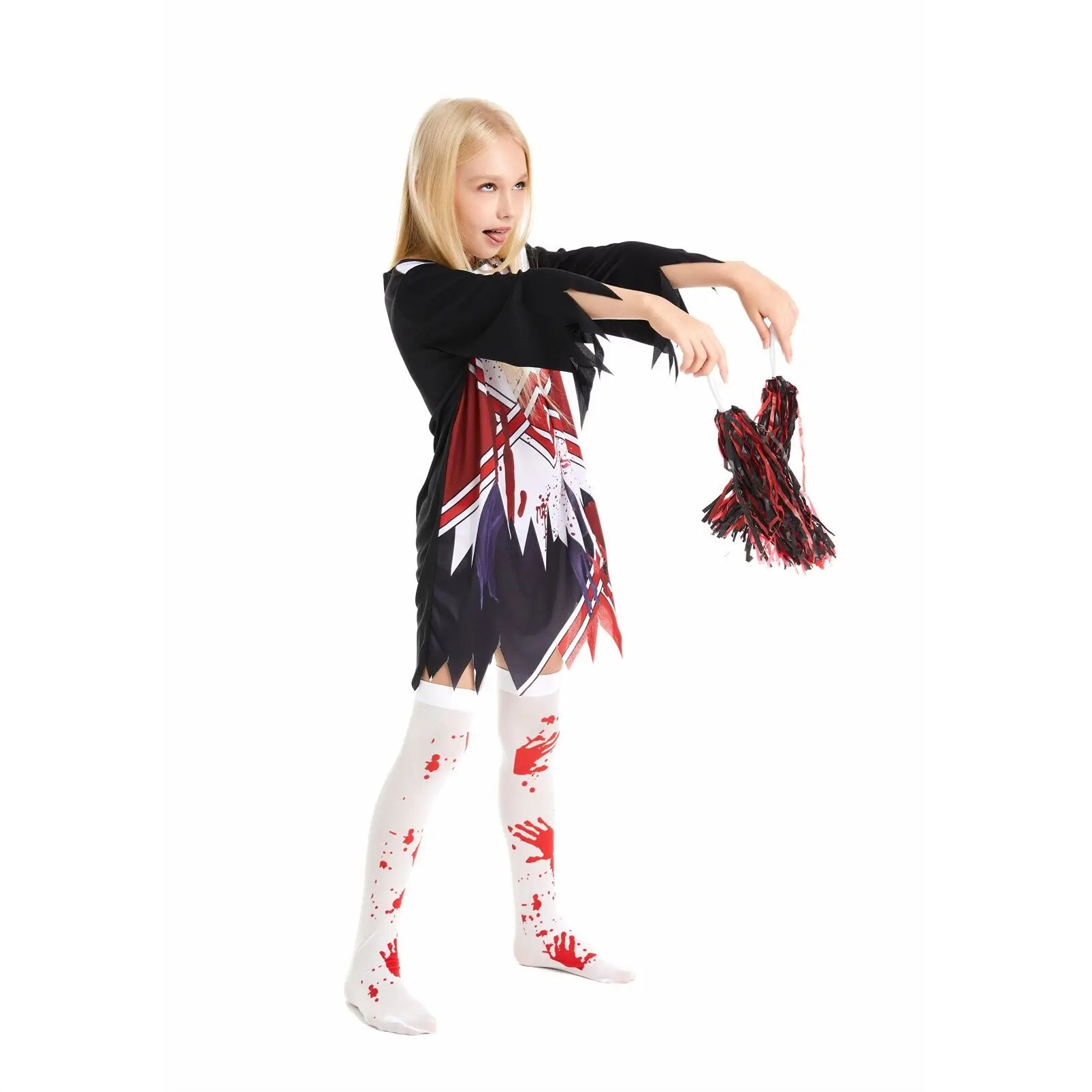 Halloween Girl Zombie Cheerleading Masquerade Costume Blood Stockings Uniform Children\'s Halloween Theme Party Cosplay Costume