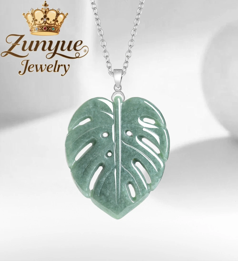 Genuine Natural Grade A Jadeite Monstera Leaf Pendant S925 Inlaid Hand‑Carved Plant Pattern Necklace Fashion Daily Jewelry Gift