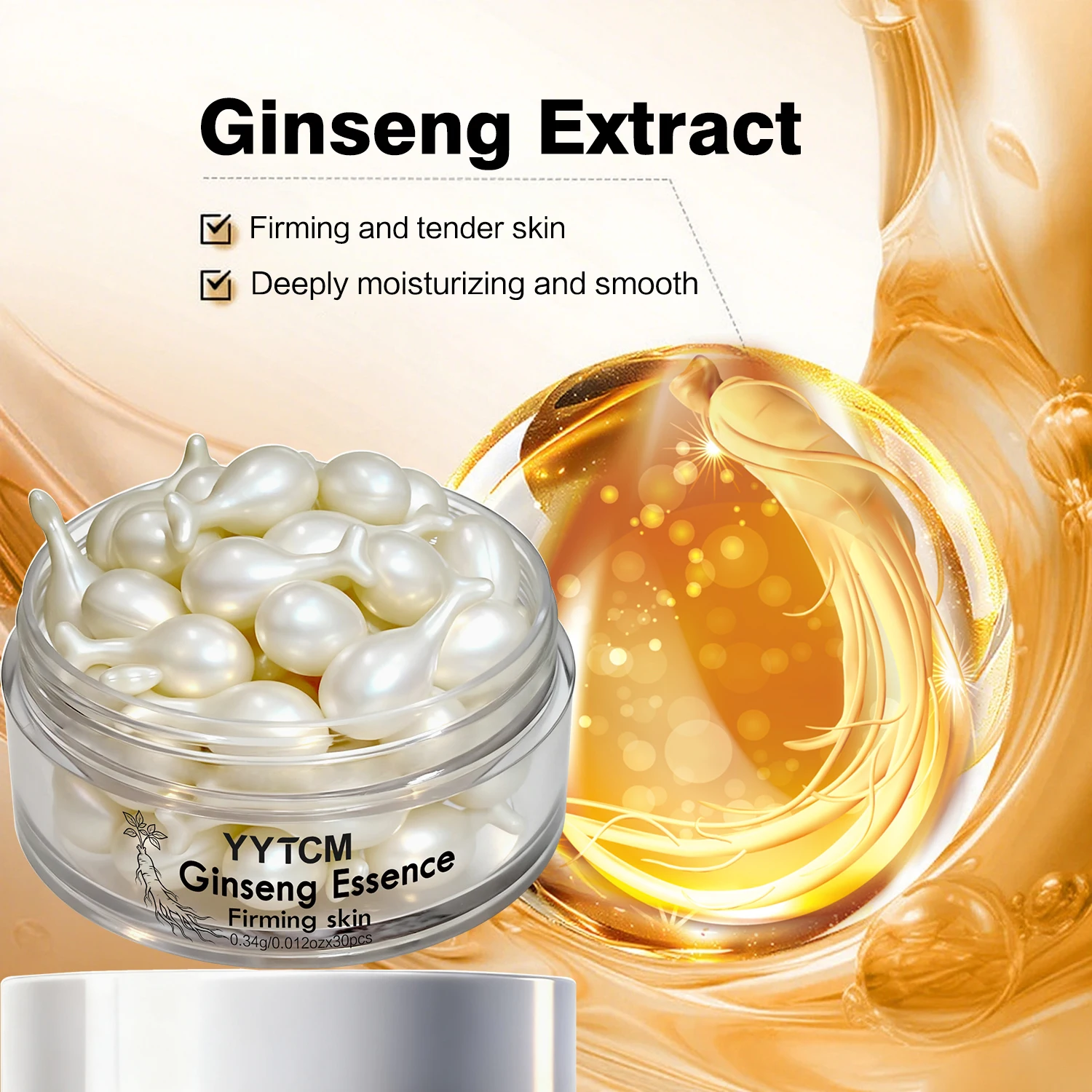 Ginseng Essence Capsules, Moisturizing and Firming Essence Serum, Contains Squalane, Niacinamide, Vitamin E, Retinol, Deep Hydration (0.34Gx30 Capsules)/Bottle-1 Bottle