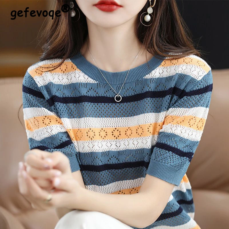 Women Trendy Summer Hollow Striped Sweet Chic Short Sleeve Knitwears Female Korean Style Casual Round Neck Elegant Pullover Tops