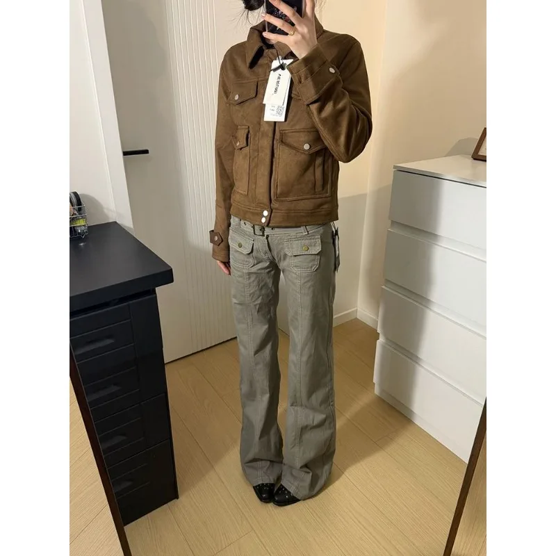 American Retro Gray Locomotive Wind Tooling Pants Spring New Spice Girl Design Sense Niche Straight Mopping Trousers