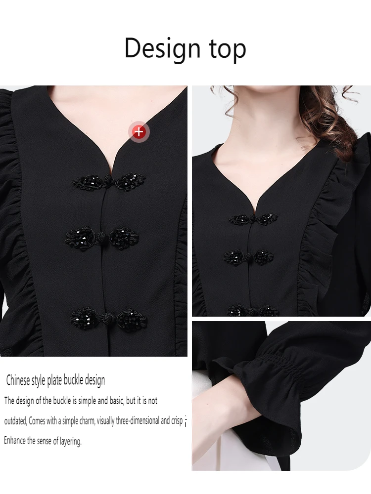 Fashion Womens Long Sleeve V-Neck Black Ruffles Blouse Loose Plus Size Spring Summer Tops Elegant Vintage Office Ladies Shirts