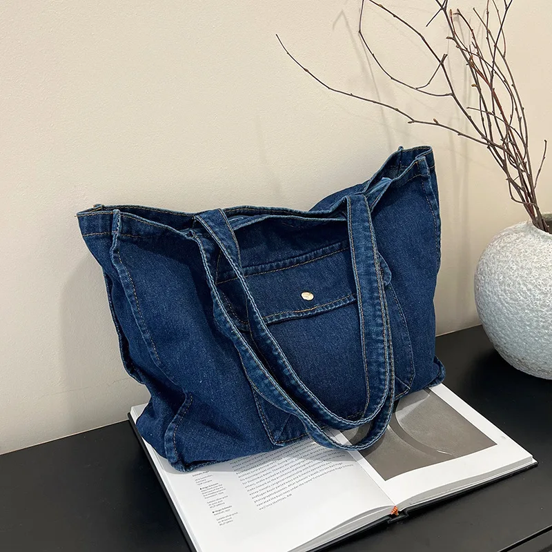 

Casual Portable Women Denim Shoulder Bags Simple Large Capacity Ladies Handbags Solid Color College Style Female Tote Bag
