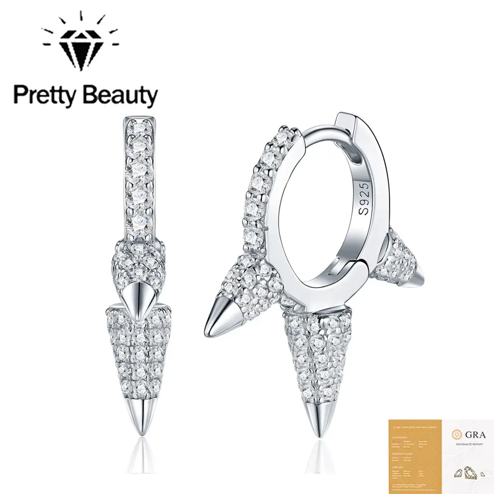 Pretty Beauty 925 Silver Iced Out Spike Hoop Earrings Moissanite Pave Setting Punk Streetwear Trendy Huggie Earrings for Women
