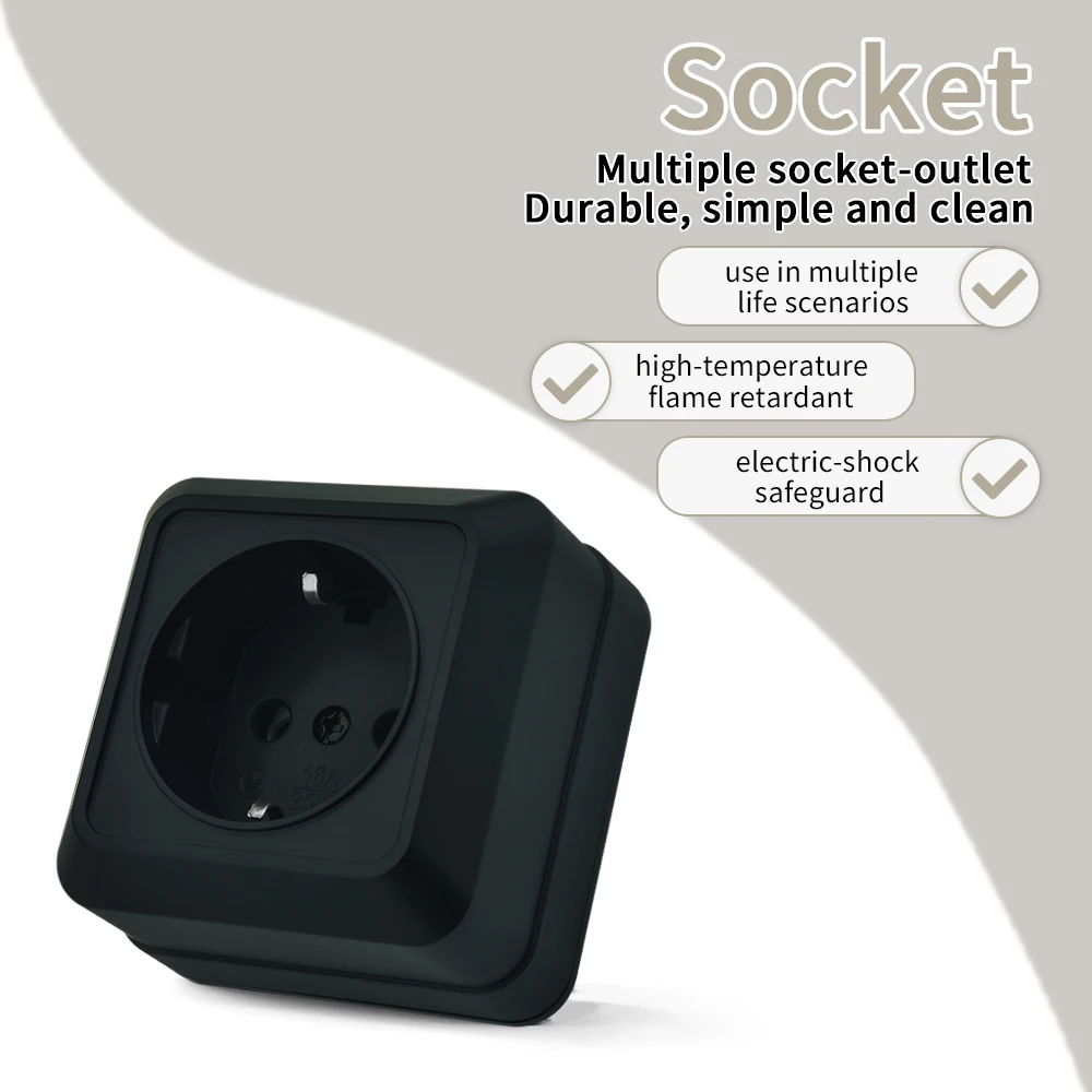 Black Wall Surface With Ground Flame Retardant EU Standard Plugs Socket Classic Electrical Outlets Paint Plastic Power Sockets