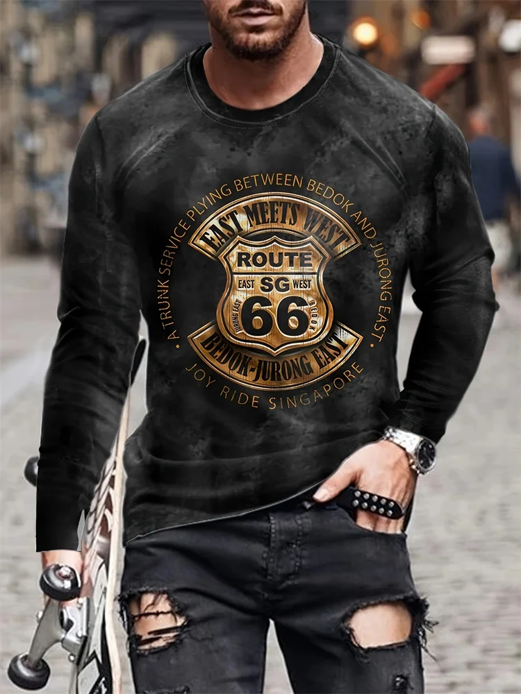 Men's Vintage Route 66 Singapore Long Sleeve T-Shirt Bedok Jurong East Graphic Tee Motorcycle Streetwear Tops