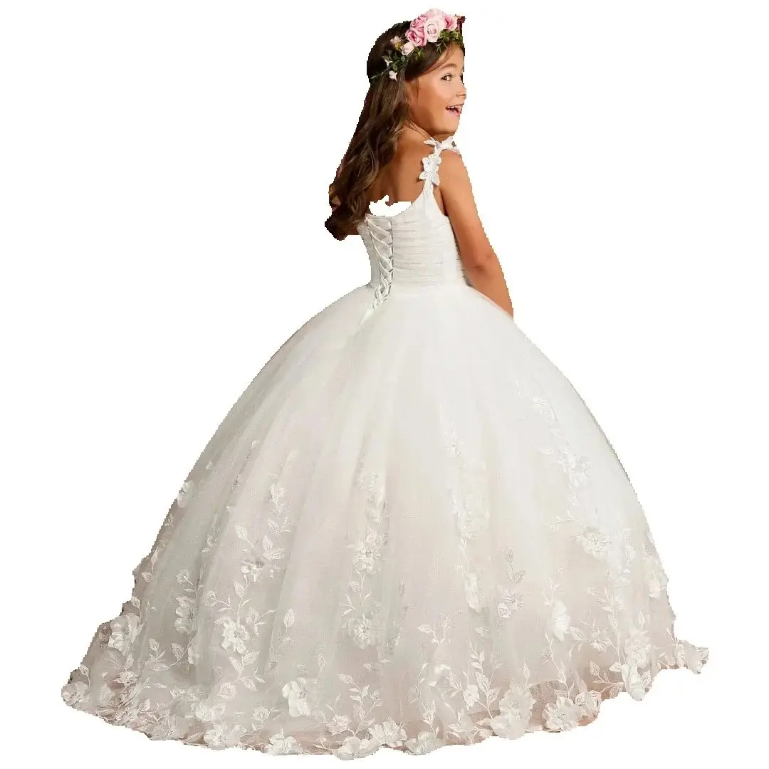 ชุดเดรสเด็กหญิงถือดอกไม้สีขาว แต่งระบายลายดอกไม้ แขนกุด สำหรับงานแต่งงาน งานวันเกิด งานเลี้ยง งานพรอม งานรับศีลมหาสนิท