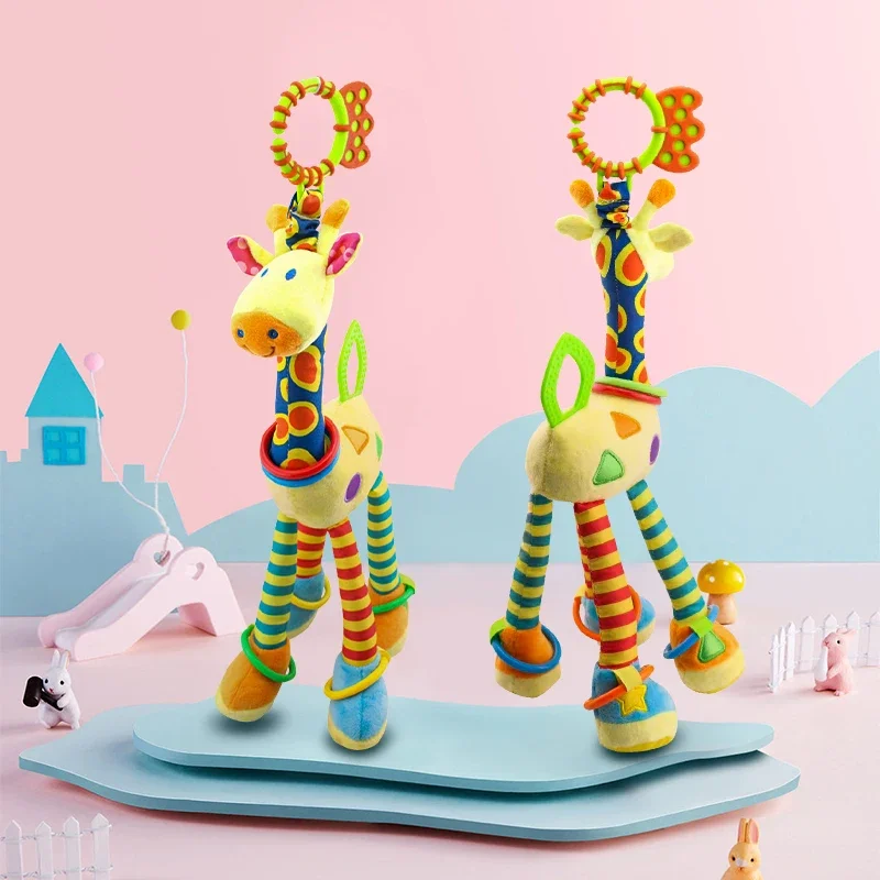 Suave jirafa animal campana de mano sonajero de felpa para bebé andador cama juguetes colgantes bebé educación temprana entrenamiento juguetes sensoriales
