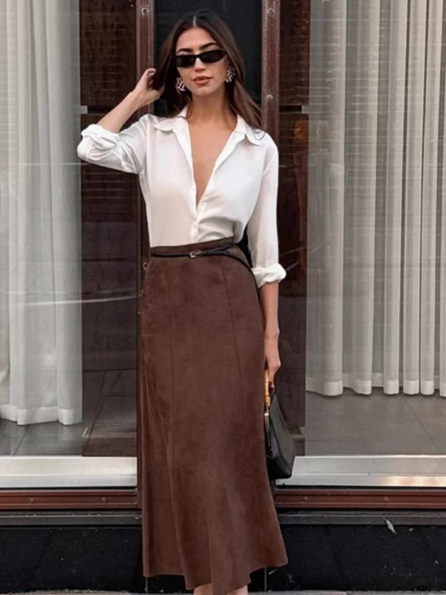 Wolfeel Autumn Retro New Fashionable Matte Fleece Half Skirt Brown Slim Fit High Waisted Straight Leg Women's Casual Long Skirt