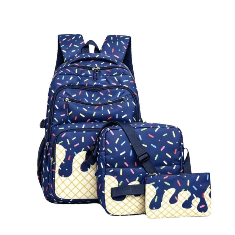 Oxford Fabric Ice Cream Printed Backpack Set with Crossbody Bag with Pencil Case Bookbag Lightweight Large Capacity Tote Bag