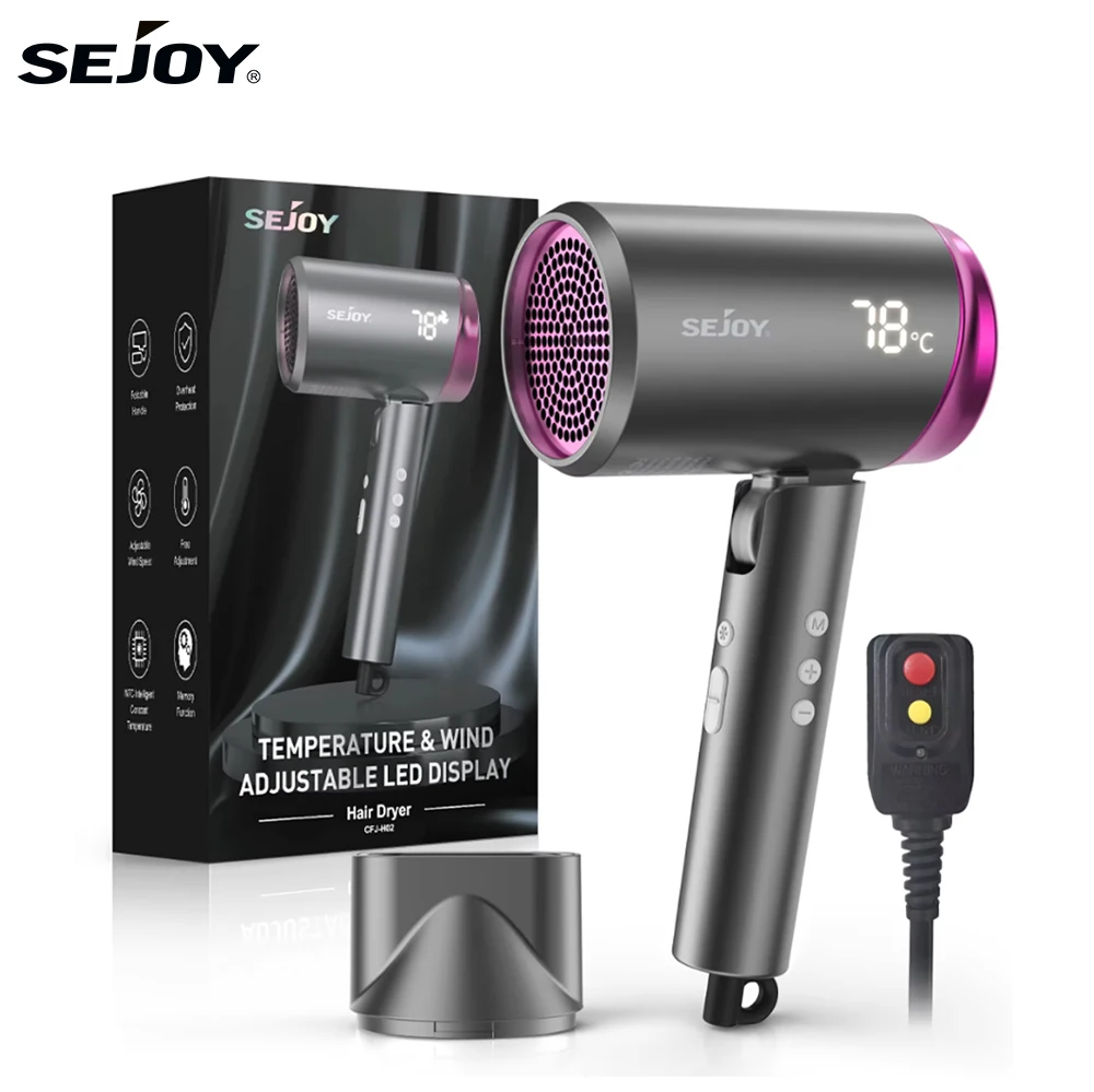 

Sejoy Высокоскоростной фен 1800 Вт Мощный быстрый фен со светодиодным дисплеем Фен с отрицательными ионами Легкий компактный для путешествий