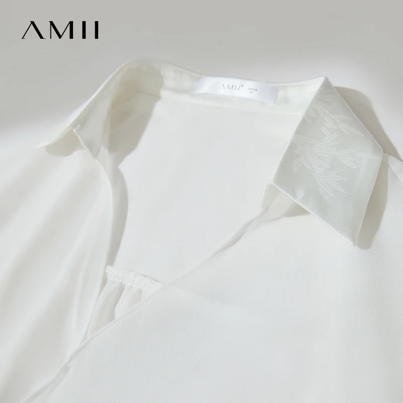 Amii minimalistische chiffon shirts voor dames losse effen V-hals verlaagde schouder lange mouwen dunne doorzichtige losse blouse 12512024