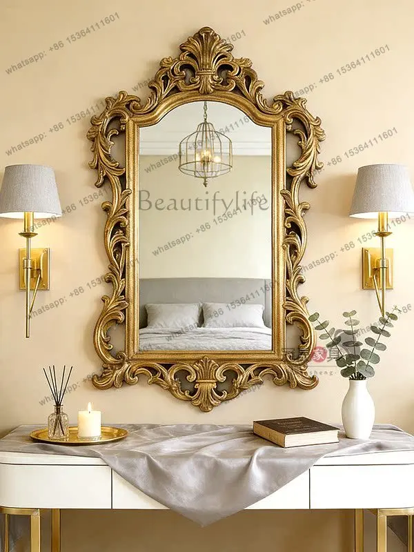 

European retro entrance wall-mounted decorative mirror wall-mounted special-shaped carved dressing mirror