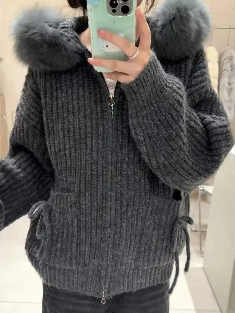 

Осень-зима, серый универсальный свитер с длинными рукавами, корейский женский бежевый праздничный кардиган с капюшоном на молнии, короткие вязаные топы, модные
