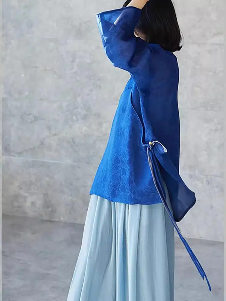 New Chinese Style Blue Button up Shirt Women's Top Unique Zen Feeling Cold Tone Traditional Disk Buttons Fashionable Casual Wear