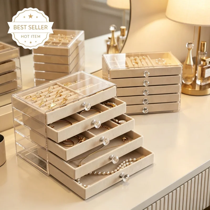 Transparent Acrylic Velvet Lined Jewelry Box, Drawer Organizer for Earrings Rings Necklaces Bracelets Home Dresser Storage