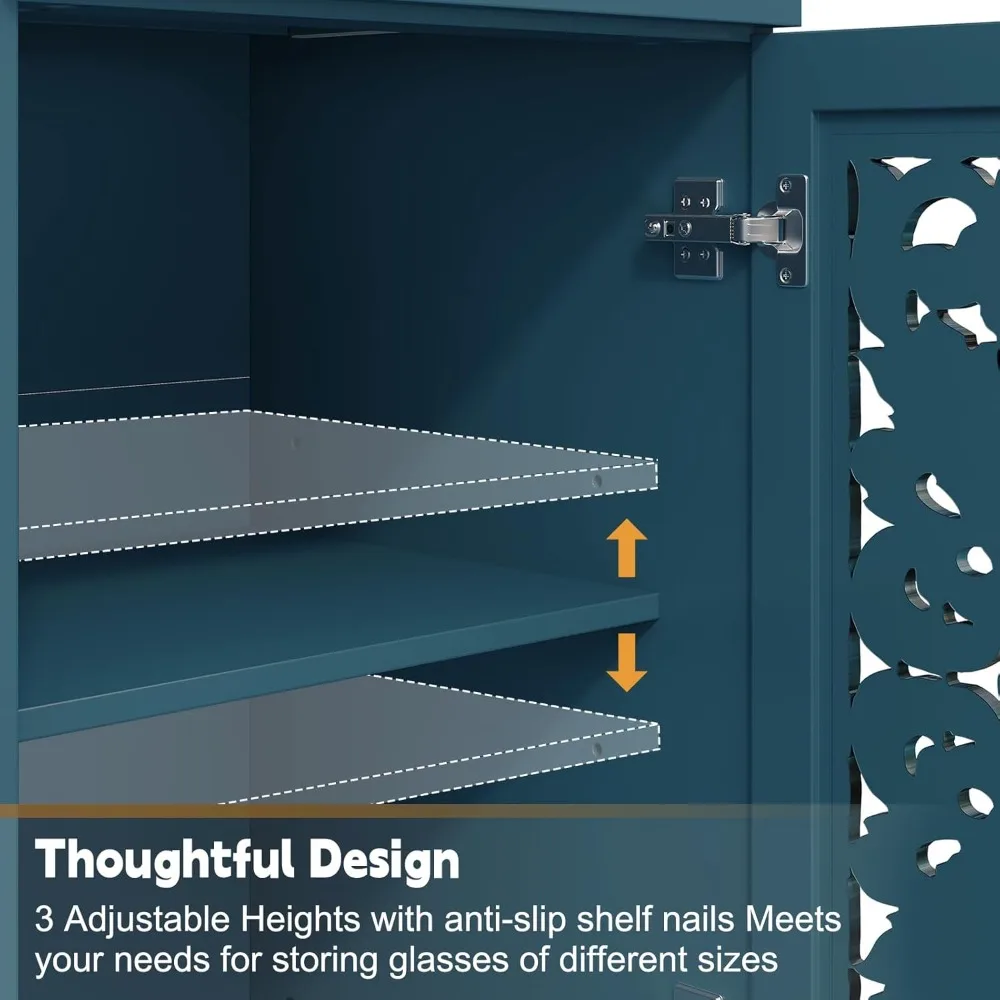 

47.2" Vintage Wine Bar Cabinet with 2 Hollow Carved Door, Antique Liquor Cabinet with 9 Wine Racks and Glass, Customized