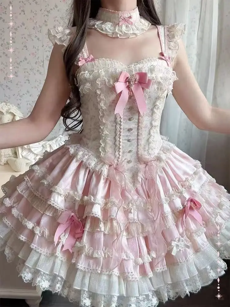 Słodka Sukienka Lolita w Kolorze Różowym dla Kobiet, Projekt Kawaii, Patchworkowa, z Kokardą, Koronkowa Sukienka na Ramiączkach, Moda Dziewczęca, Urocza, Śliczna Sukienka w Stylu Wróżki