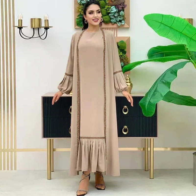 Eid Moslim Abaya Vrouwen Jurk 2-delige Set Gebed Marokko Caftan Ruche Abaya Toga Dubai Arabische Kimono Vest Gewaad Uitloper