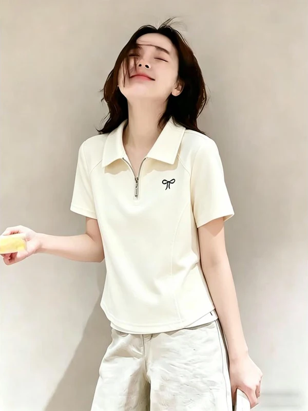

Elegant Knot Embroidered Short Sleeve T-Shirt Women's Summer 2026 Slim Fit Zipper Casual Style Versatile Top