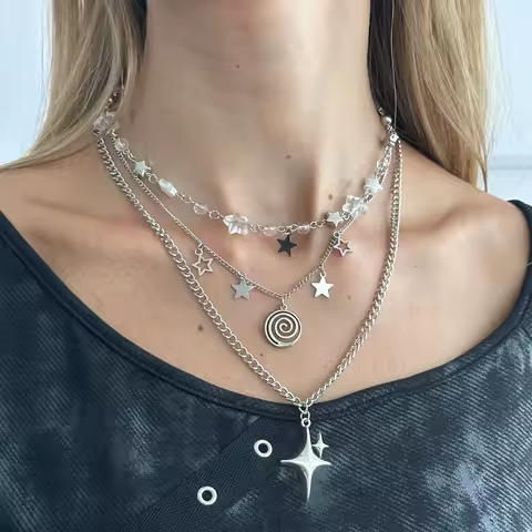 3PCS SET Punk Rock Silver Color Vortex Star Pendant Chain layered Necklace For Women Men Charms Y2k Grunge Accessories Jewelry
