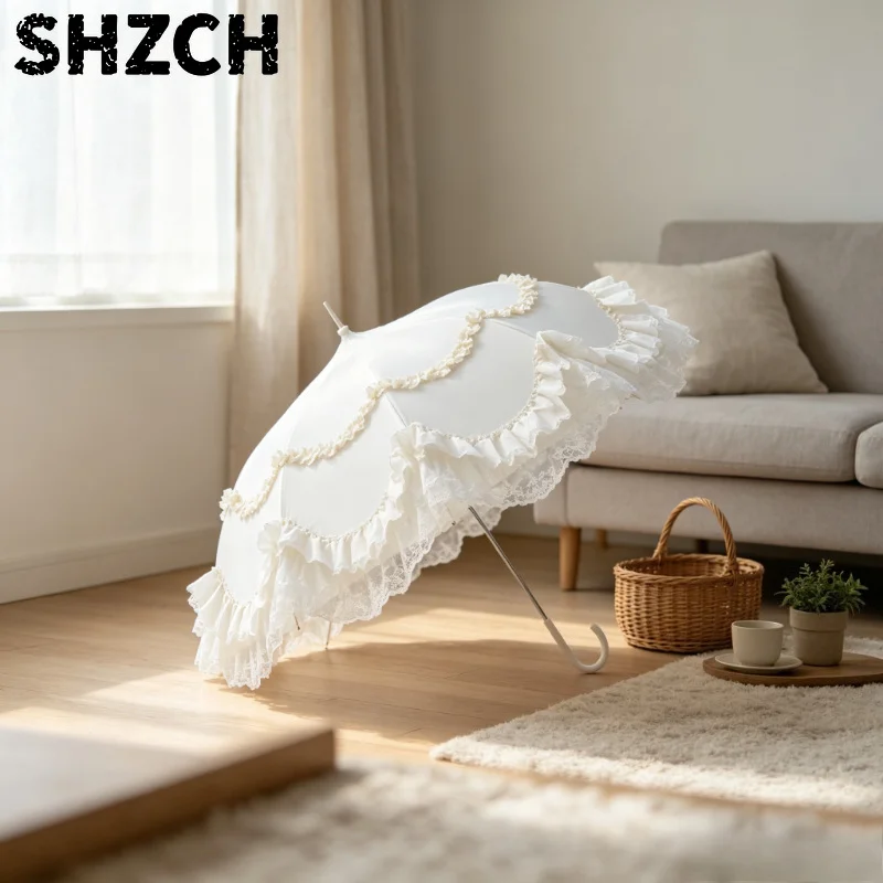 Spitzen-Rüschen-Lolita-Regenschirm, 21-Zoll-Fiberglas-Sonnenschirm, Schwarz Beschichteter UV-Schutz-Überzug für Hochzeitsfotografie