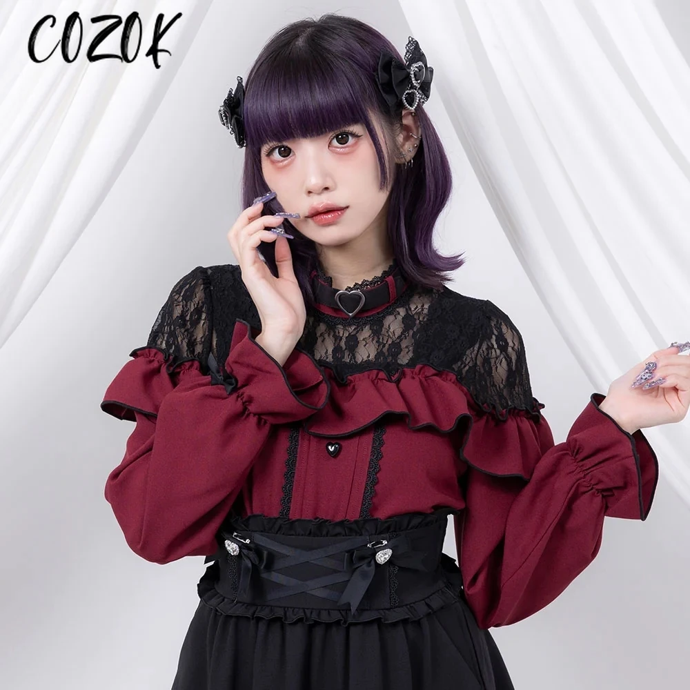Autunno nuove camicie giapponesi carino Lolita dolce pizzo splicing fiocco amore fungo bordo camicetta a maniche lunghe ragazze che toccano la camicia Camisas