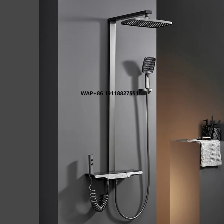 Thermostatic Piano Key Shower System Set Bathroom Bath Spa 13 Inch Large Showerhead Metal Gray 38 Degree 4 Way Mode Button