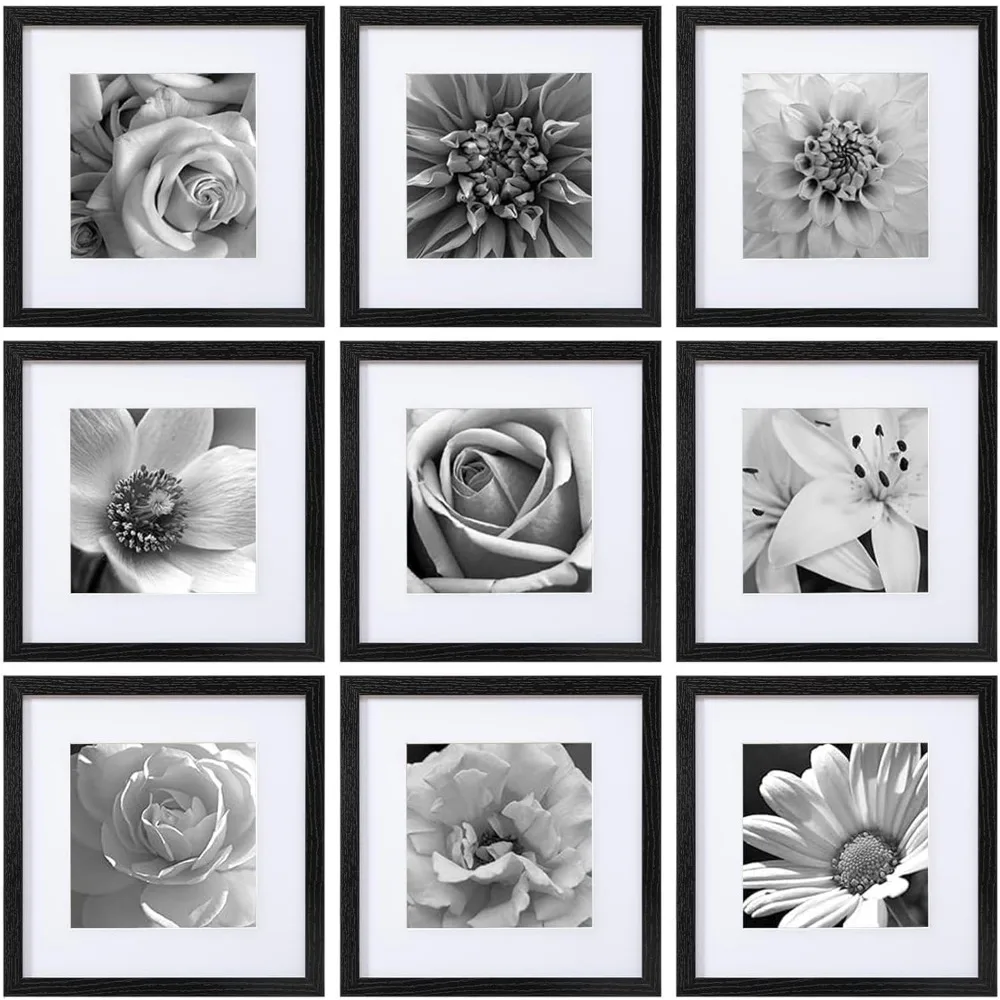 

Set of Nine 12x12 Black Square Picture Frames for 8x8 Photos with Mat or 12x12 Without Acrylic Cover Wall Gallery Decor