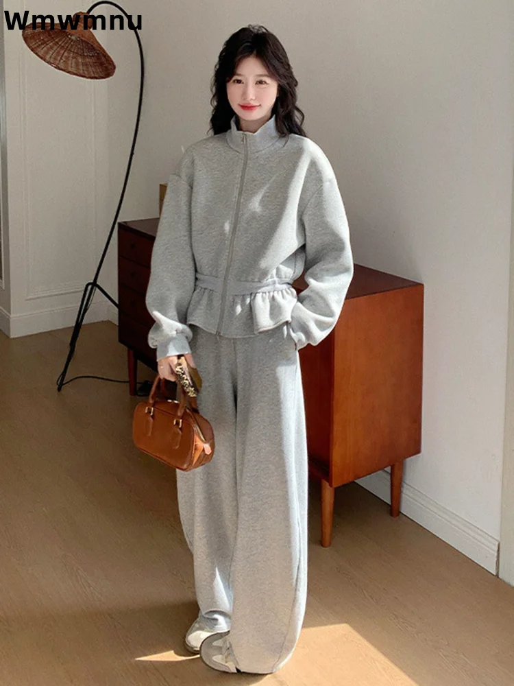 

Wrinkled Stand-Up Collar Sports Conjuntos Women's Casual Fashion Baggy Two Piece Set Sweat Loose High Waisted Pants Ensemble