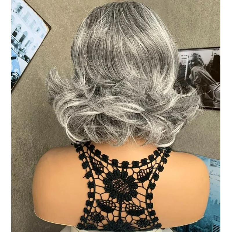 's Wig Short Silver Grey mix Shoulder Length Women Full Hair Wigs