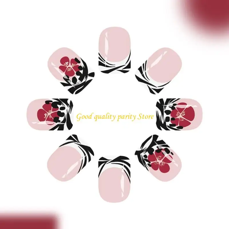 M4YA – lot 24 ongles artificiels en plastique à rayures noires rouges, paillettes florales à pression