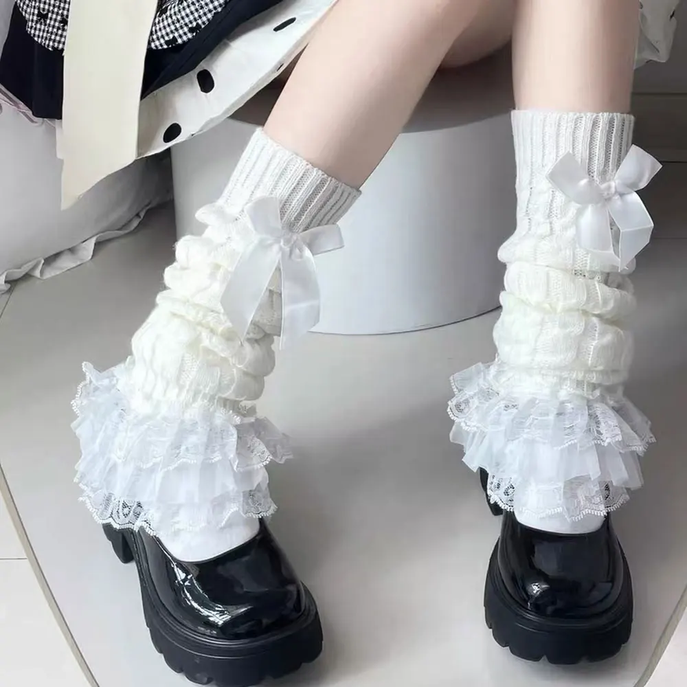 Cute Lace Flared Knitted Long Legs Warmers Y2K Leg Stockings White Harajuku Socks White Foot Cover Lolita Over Knee Leg Warmer