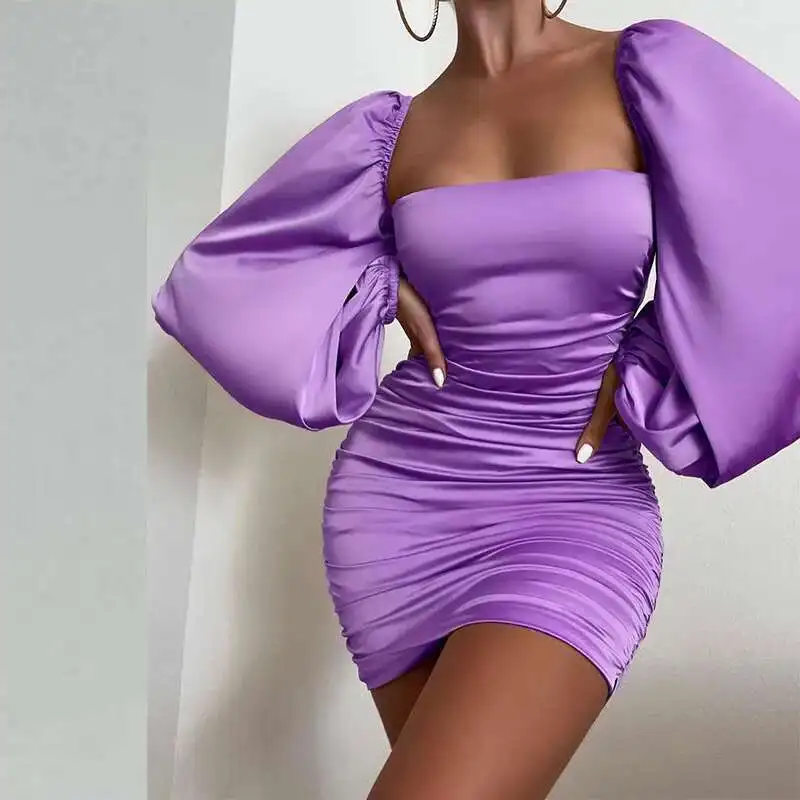 Zl1924 2025 여성의 섹시한 스퀘어 넥 오픈 백 폴드 래핑 된 팔 랜턴 긴 소매 솔리드 컬러 새틴 짧은 스커트