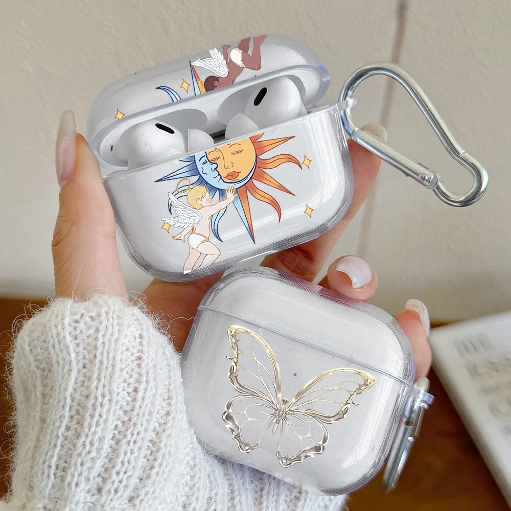 Retro Sun And Moon Case For Airpods Pro /Pro 2 TPU Silicone Silver Butterfly Cover For AirPods 1 2 3 4 Headphone Protective Case