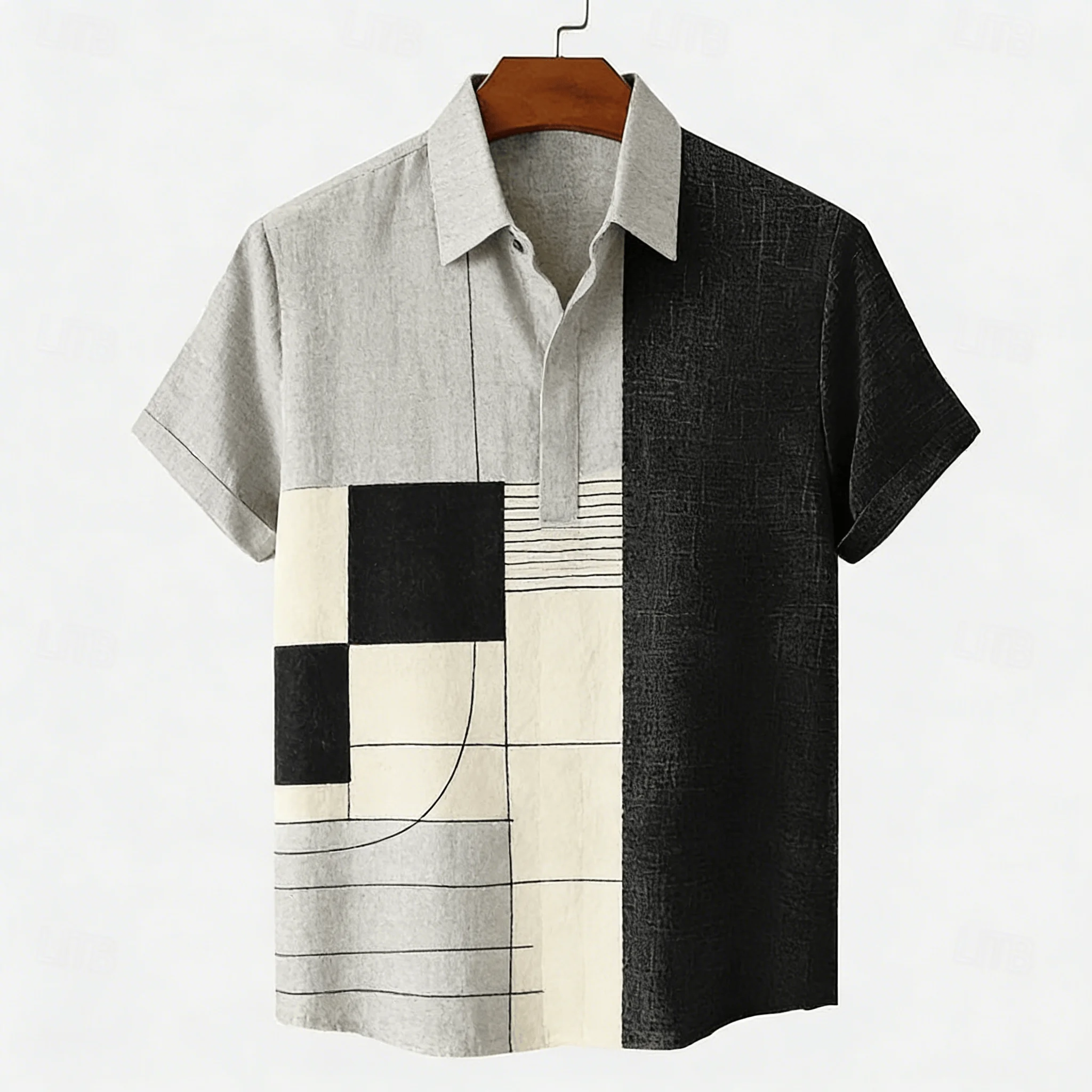 Men's Vintage Patchwork Print Short Sleeve Shirt, Retro Baroque Style Button Down for Spring Summer Casual