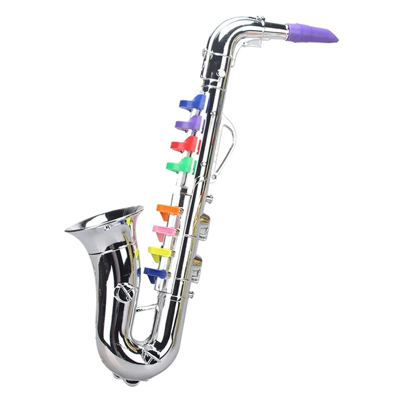 Mini saxofone de metal com 8 teclas coloridas infantis, acessórios de simulação, mini instrumentos musicais, brinquedo de aniversário