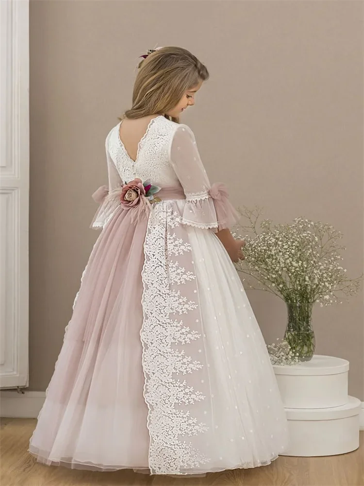 Princess Floor Length Flower Girl Dresses Party Lace Tulle Three Quarter Turtleneck Jewelry Necklace Pearl 3D Applique