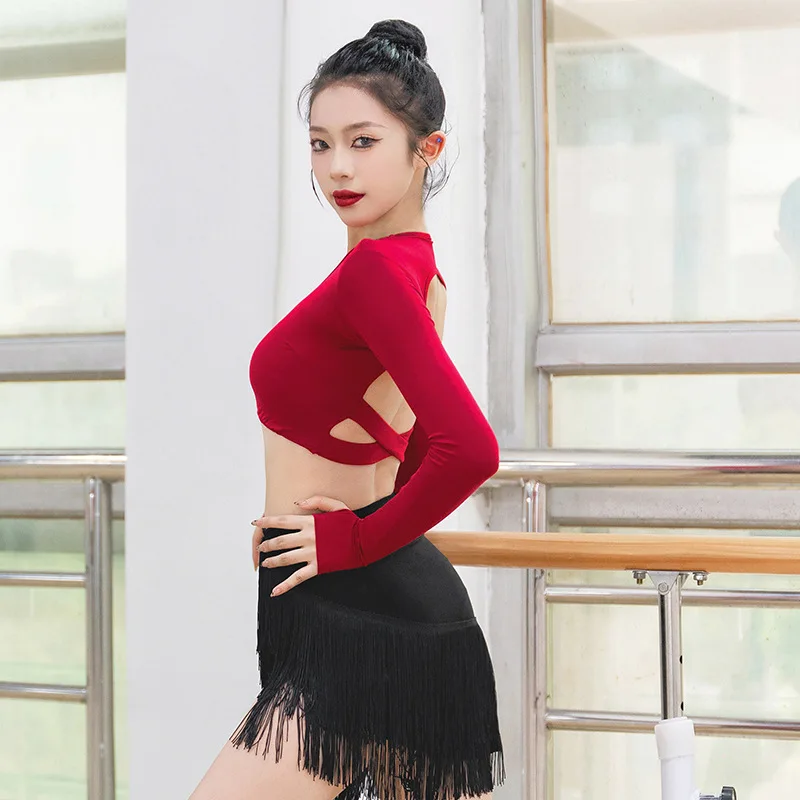 Wygodny, dopasowany top do tańca latynoamerykańskiego dla seniorów, z wycięciem na plecach, krzyżowany, do codziennego użytku, standardowy strój do ćwiczeń, damski, długi rękaw.