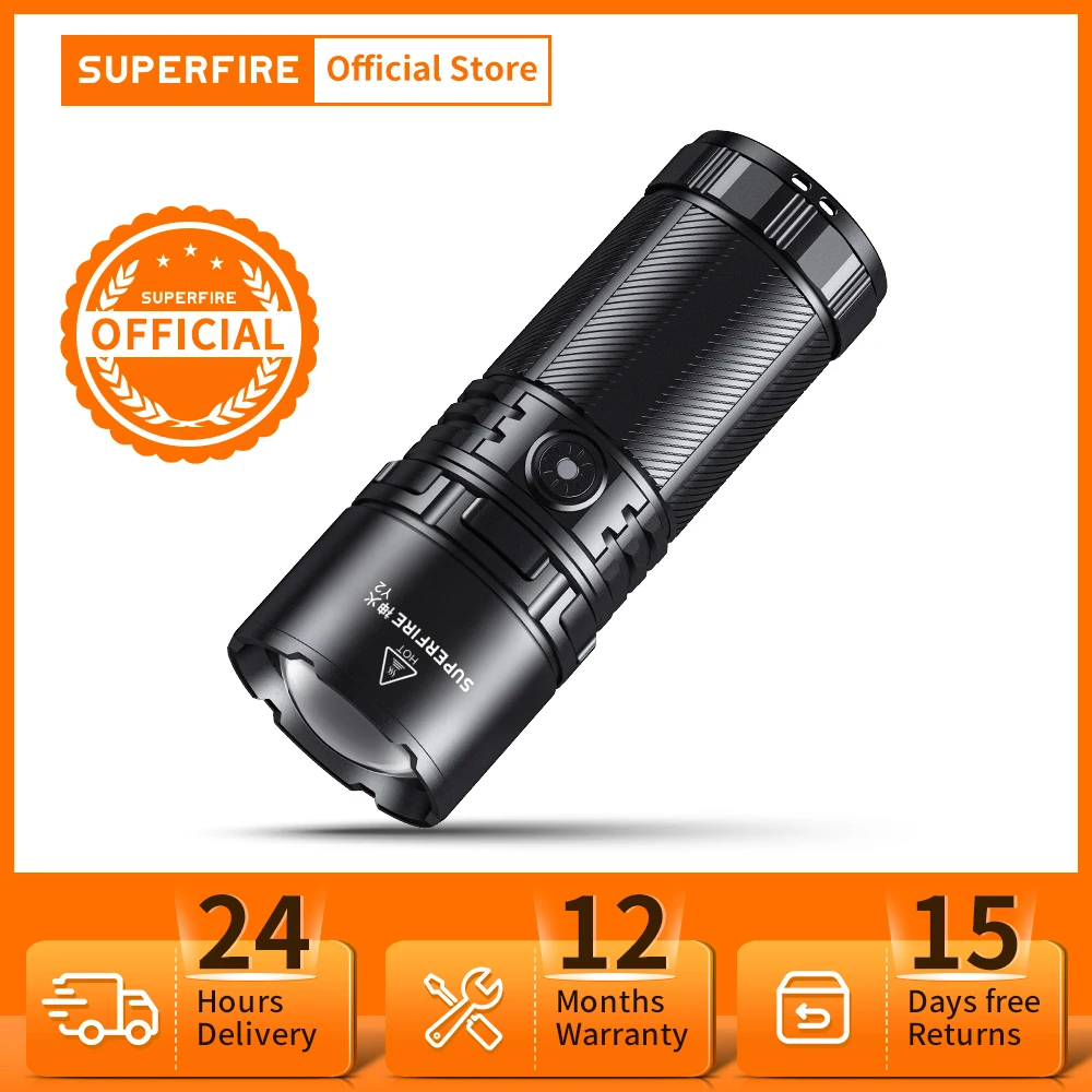 SUPERFIRE Y2 High Power Flashlight Super Bright with Tail Light 1000m Zoomable Torch USB C Rechargeable 6000mAh Battery Lantern