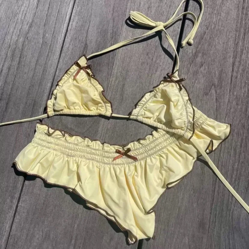 Girls' Yellow Bikini Swimsuit With Bow And Wooden Bead Detail Cute Beachwear For Kids Women High Cut Bandage Push Up Swimsuit