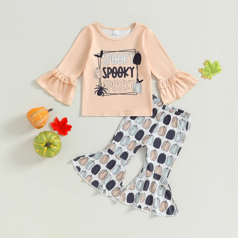 Adorable Baby Girl Autumn Halloween Apparel Set with Cute Letter Print Top and Pumpkin Flare Pants for a Stylish Look