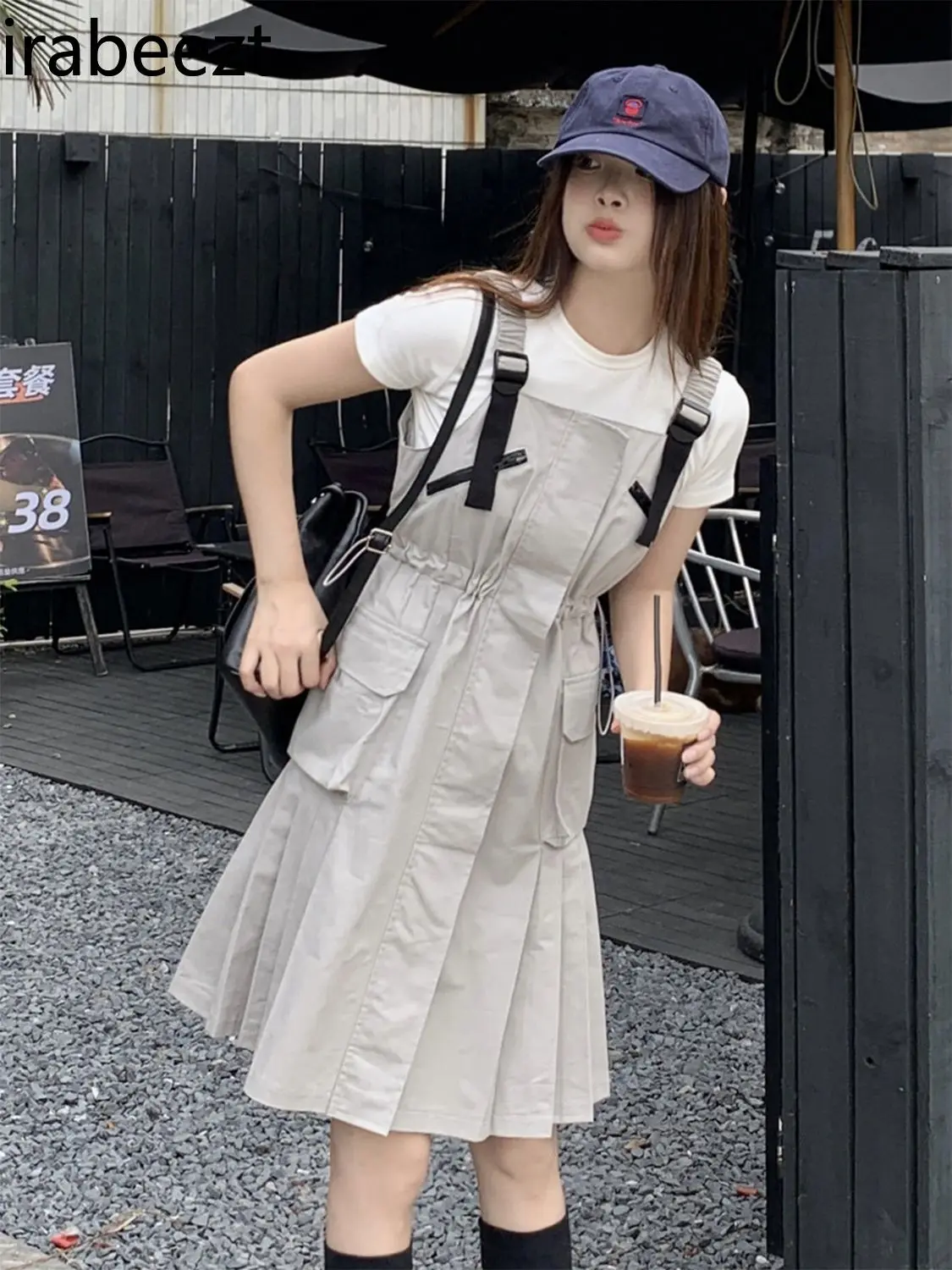 Summer Gentle Wear with Cargo Strap Skirt Summer New Korean Casual Waist Large Pocket Robe Fashion Design Summer Dress