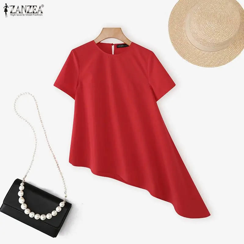 

Elegant Women Blouses ZANZEA Summer Short Sleeve Solid Color Tops Asymmetrical Hem Blouses OL Work Party Tee O Neck Streetwear