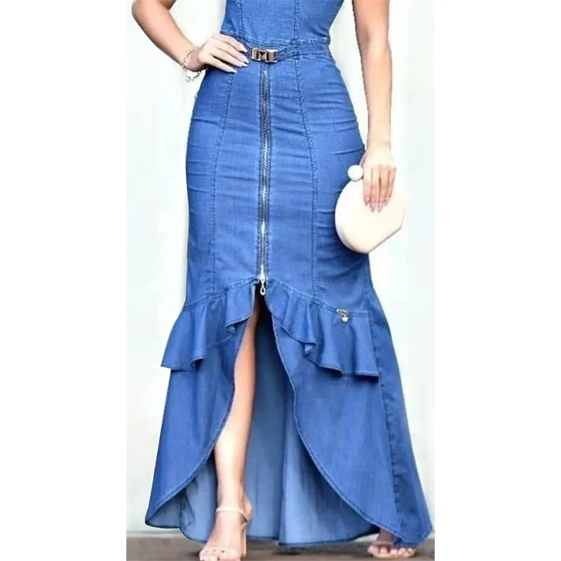 Plus Size Boat Neck Short Sleeved Vestido Summer Lady Elegant Robes Women Fashion Plain Tulip Hem Maxi Denim Bodycon Dress